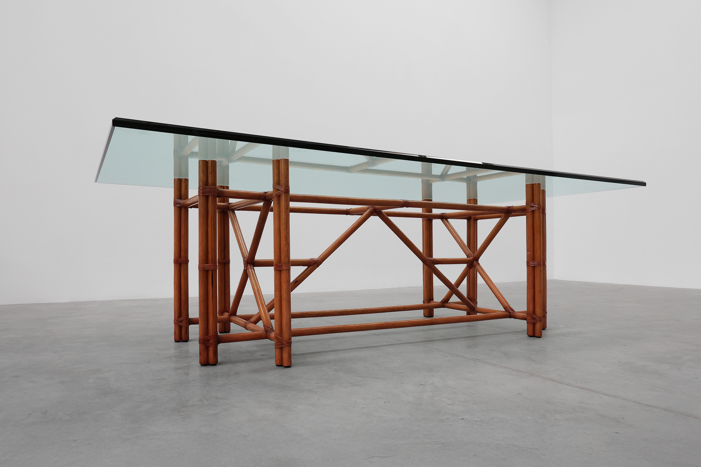 Large monumental bamboo dining table with glass top by Gasparucci, Italy 1980sthumbnail